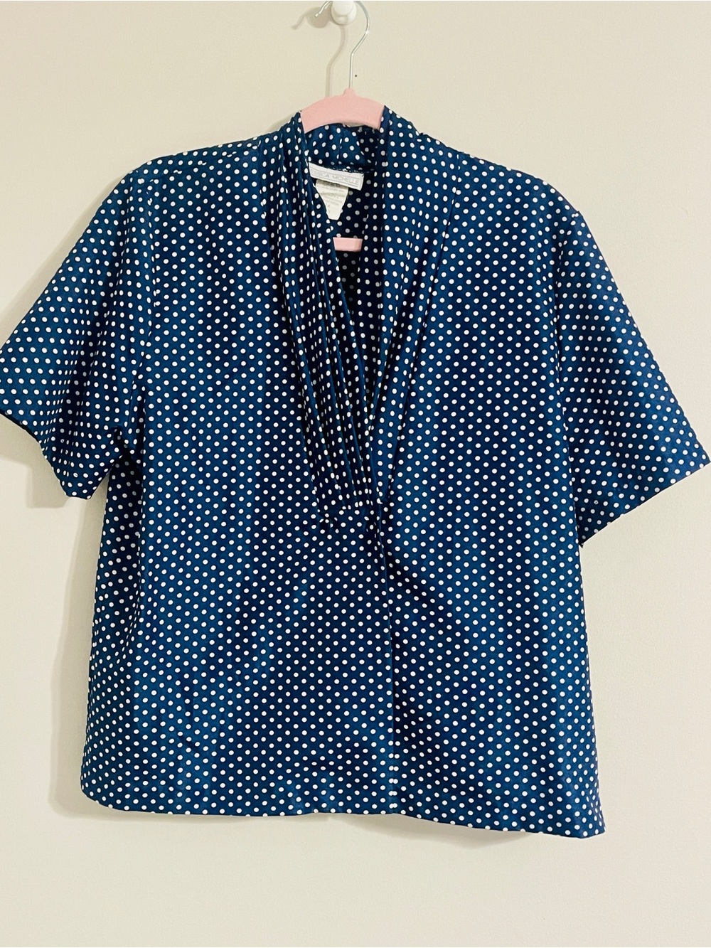 Vintage Secretary Blouse Navy White Polka Dot Drape Neck Sz 14 Career workwear